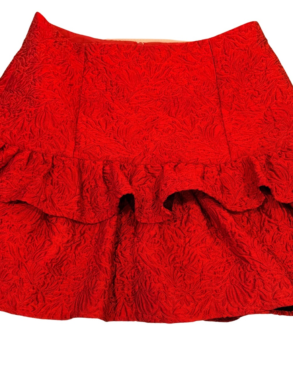 KEEPSAKE the Label Red Mini Skirt, jacquard fabric, raised floral motif